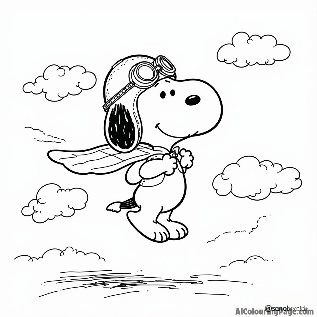 Snoopy dressed as the World War I flying ace with a biplane flying in the sky and clouds surrounding him