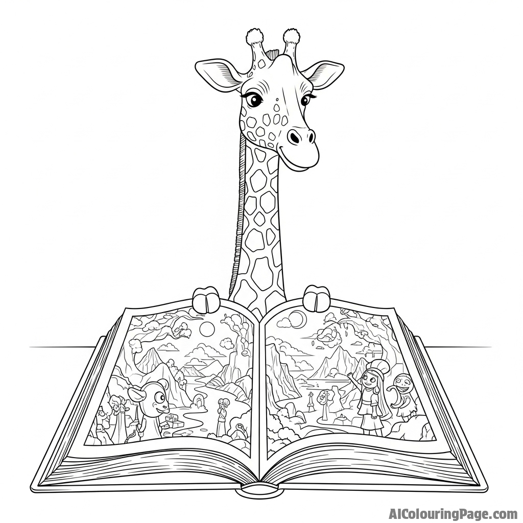 A surreal image of a giraffe peeking over the top of a giant, open storybook.
