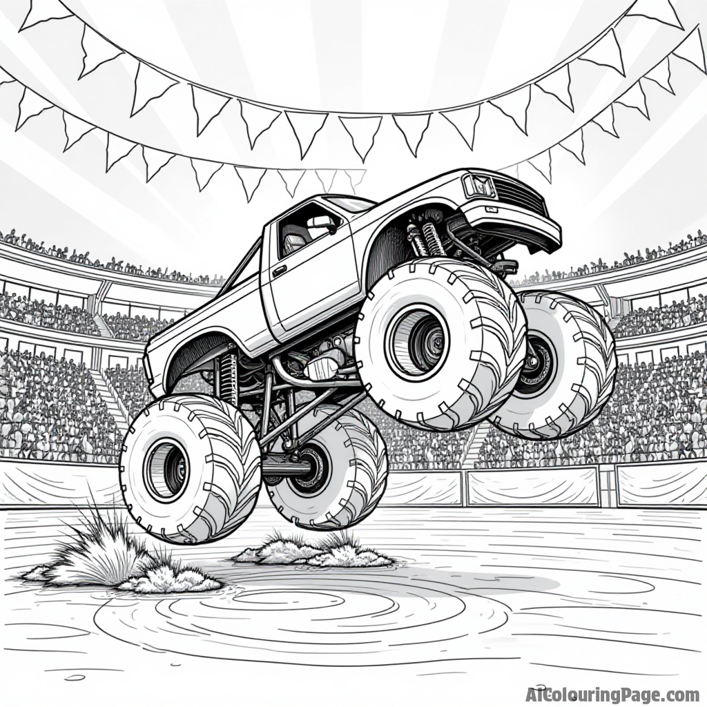 A monster truck doing tricks in an arena, surrounded by colorful banners and cheering fans, with a spotlight shining down, ready for kids to color their favorite moments.