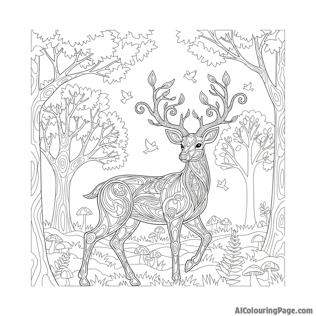 An intricate paper-cut, scherenschnitte-style deer in a forest scene.