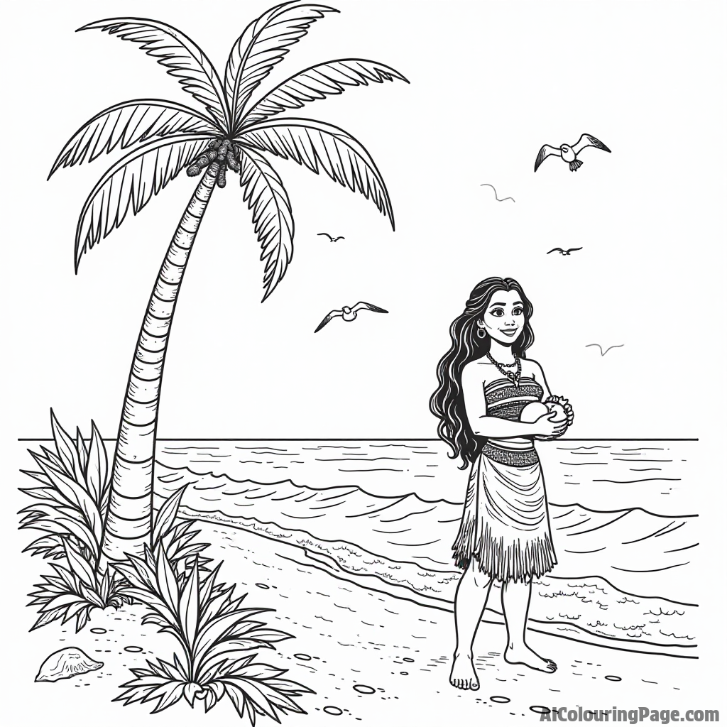 Moana picking coconuts from a tall palm tree with the ocean waves crashing in the background and seagulls flying.