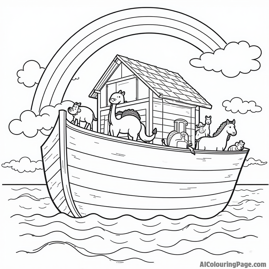 Noah’s Ark with animals boarding, a rainbow above, and a serene landscape in the background for a joyful coloring page.