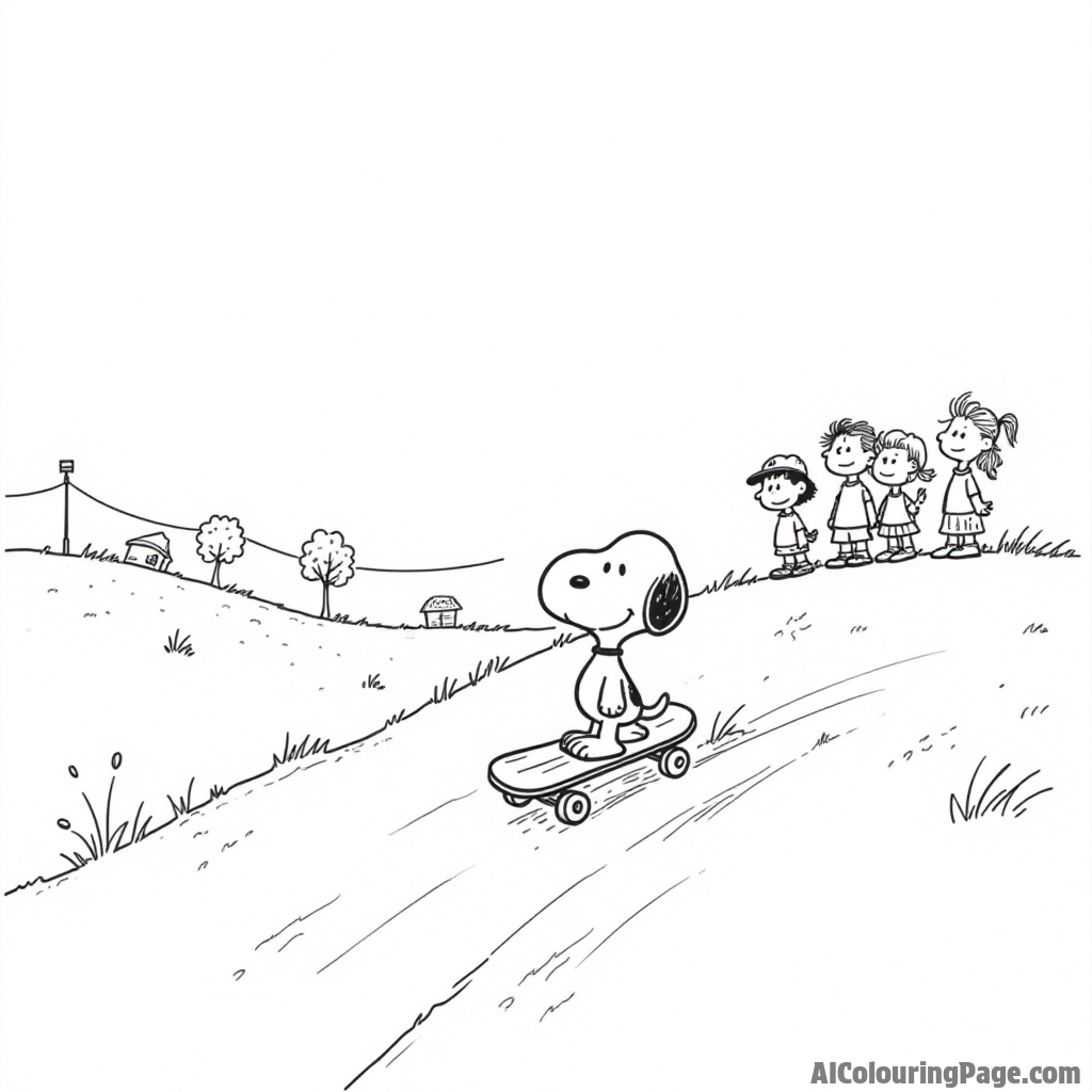 Snoopy riding a skateboard down a hill with a big smile and a group of kids cheering him on