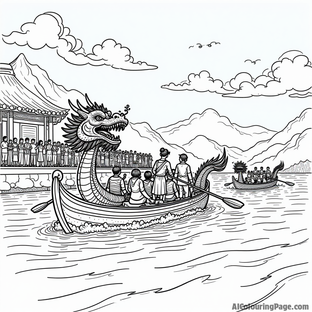 A traditional dragon boat race scene with colorful boats and cheering spectators along the riverbank, celebrating the spirit of competition and teamwork during the Chinese New Year festivities.