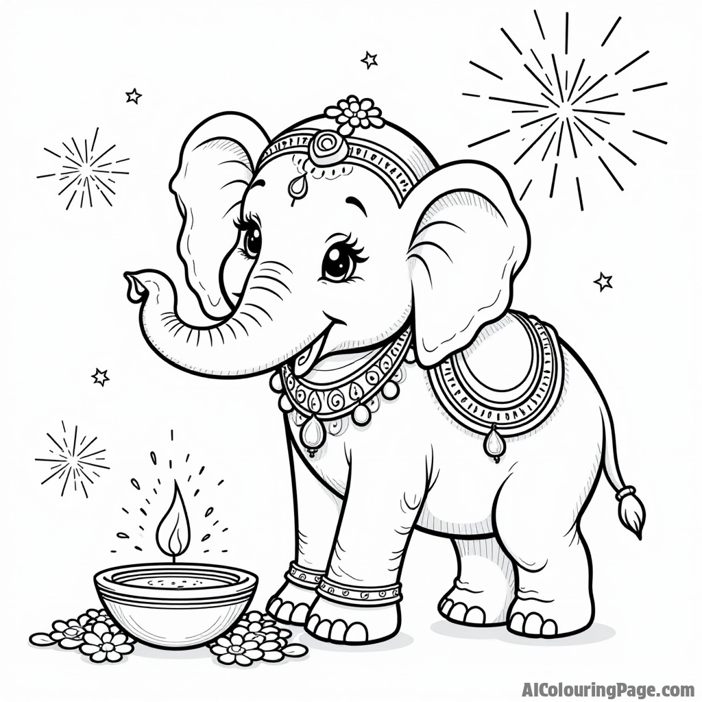 An adorable elephant adorned with vibrant traditional jewelry, standing next to a pile of sparkling fireworks, symbolizing the joy and excitement of Diwali, perfect for Festivals and Traditions Coloring Sheets.