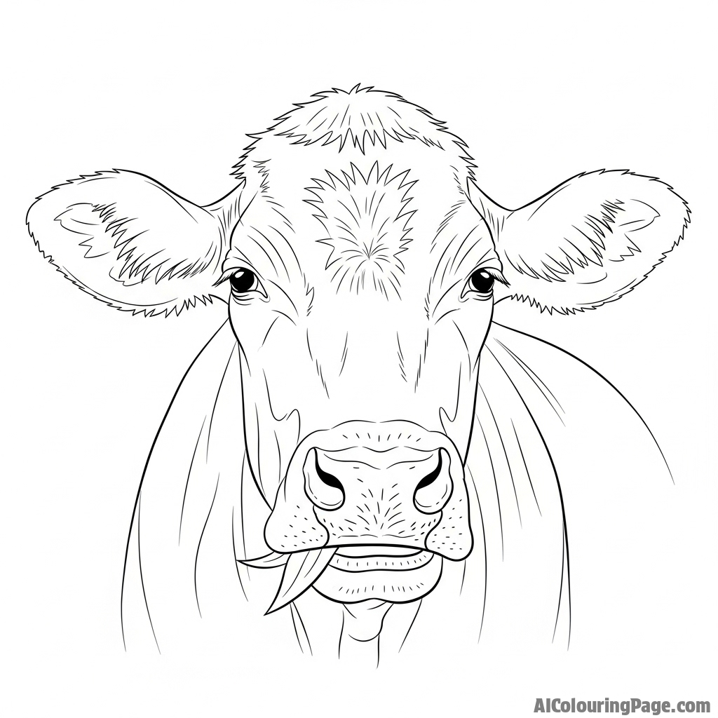 A close-up of a cow chewing its cud, meditative expression, shallow depth of field.
