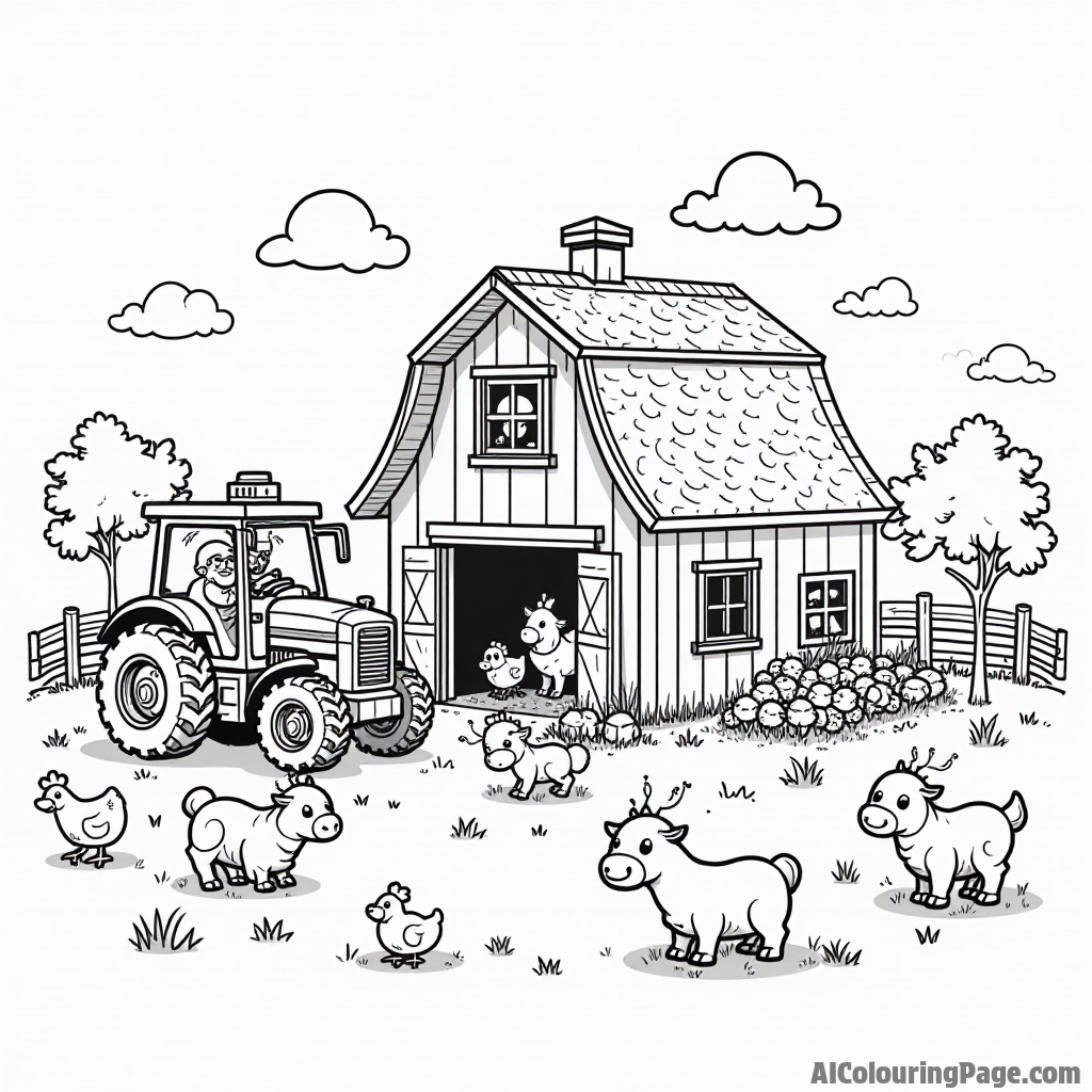 A LEGO farm with a red barn, a tractor, and cute animals like cows and chickens happily playing around.