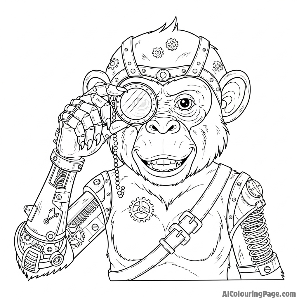 A steampunk monkey with a brass monocle and a clockwork arm.