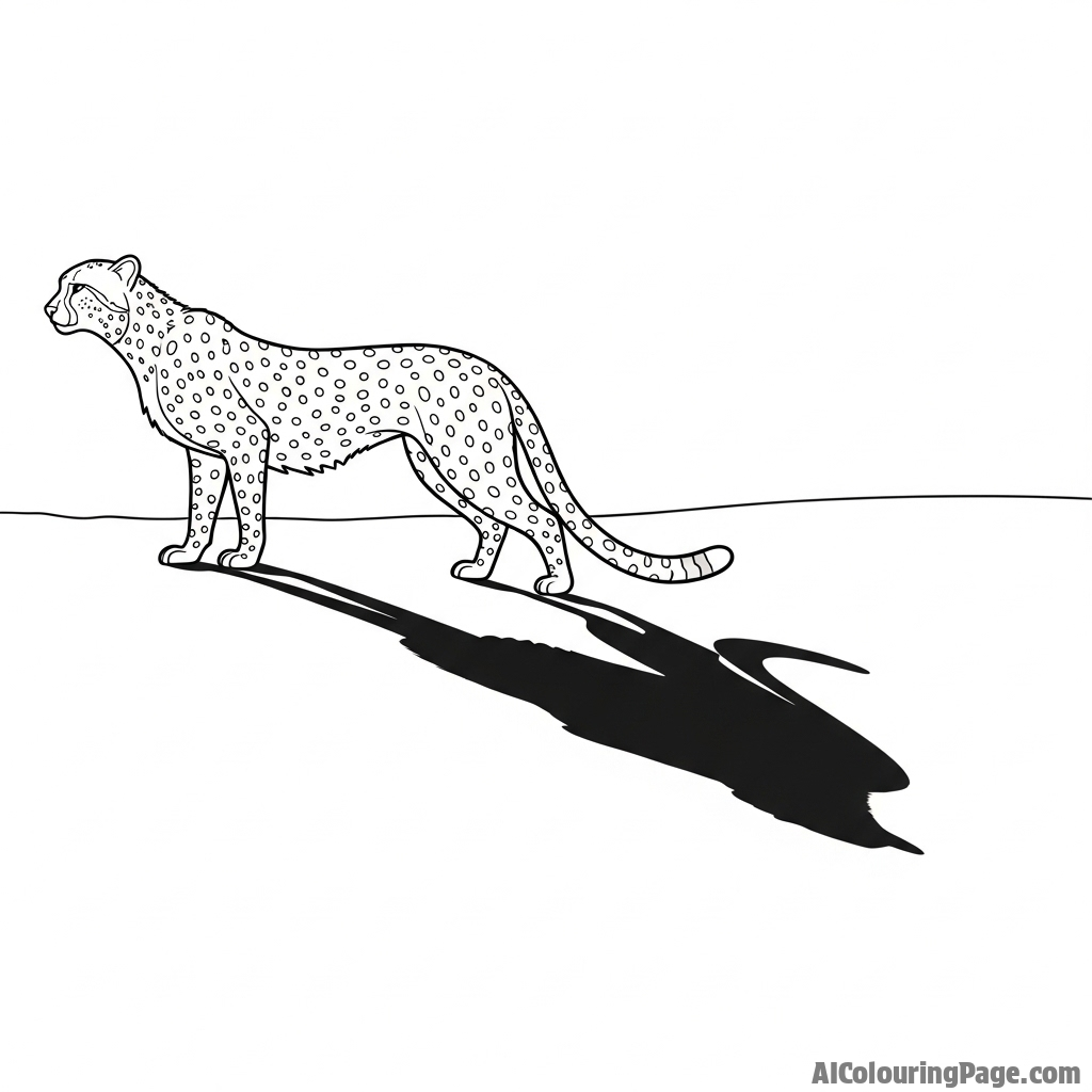 A cheetah's shadow stretching long across the ground in the low light of late afternoon.