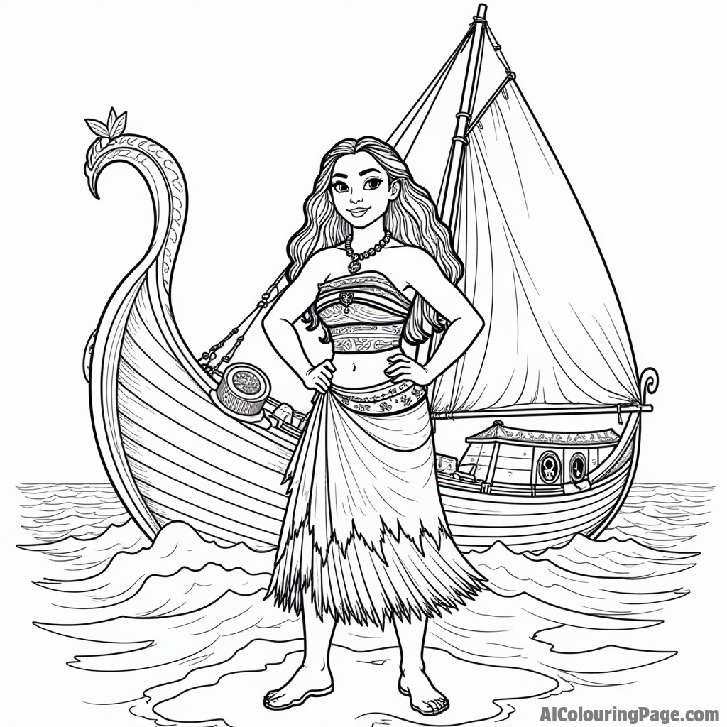 Moana standing proudly in front of a traditional Polynesian boat with colorful sails and ocean waves in motion.