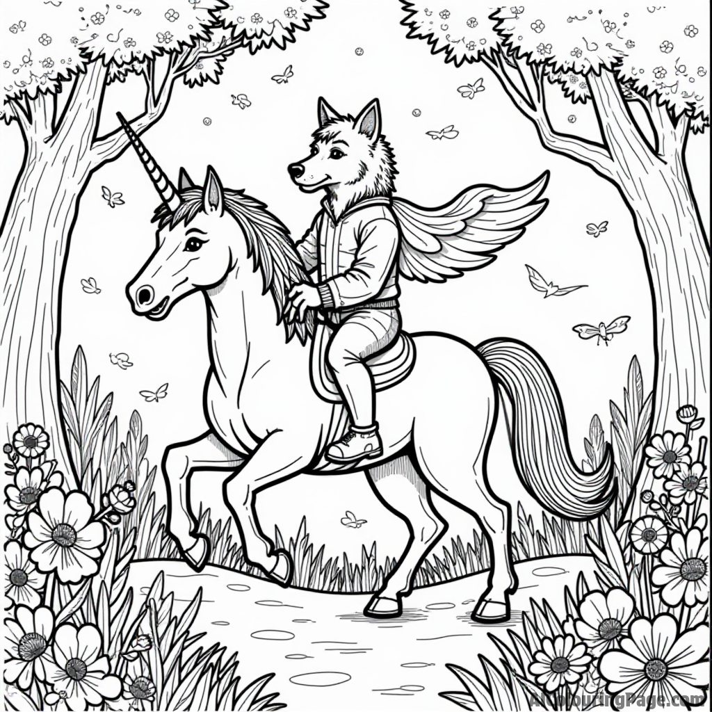 A werewolf riding a unicorn through a magical forest filled with enchanted flowers and friendly woodland creatures.