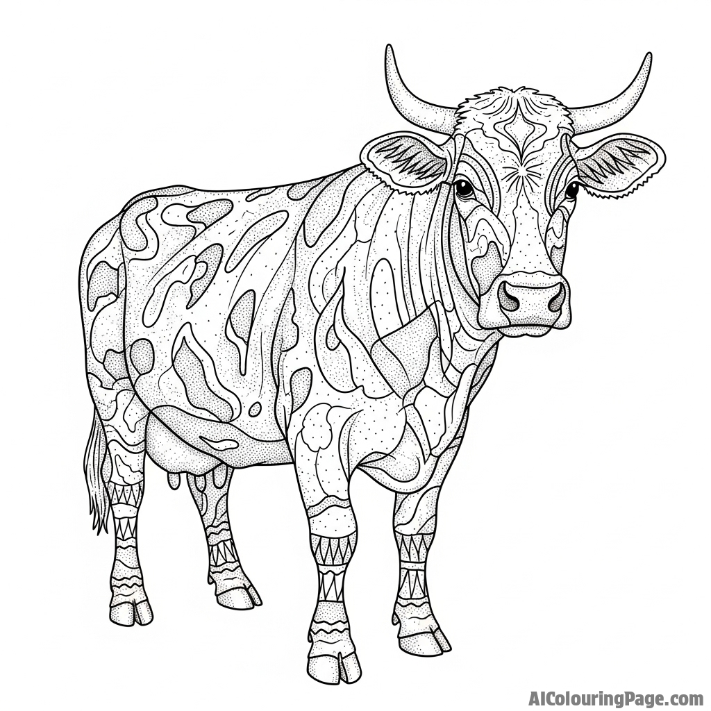 A detailed ink drawing of a cow, created entirely with stippling.