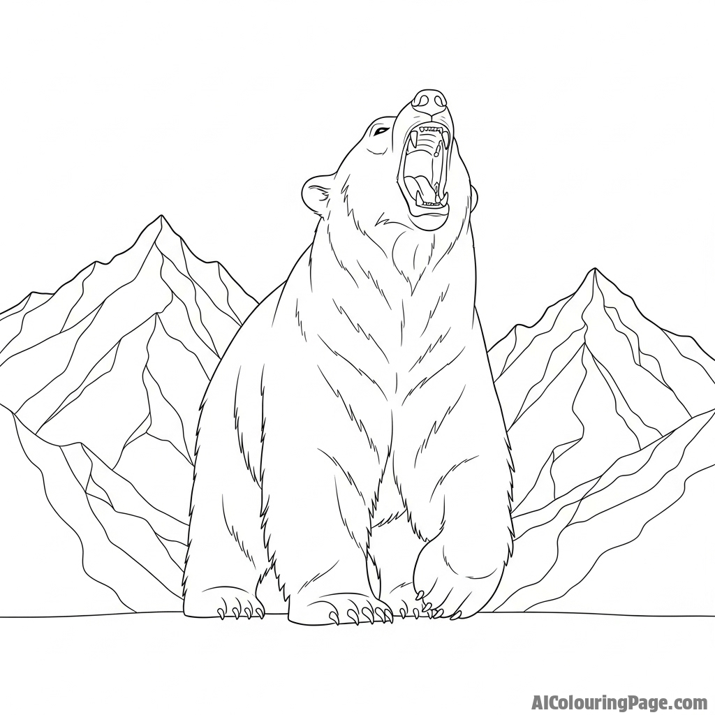 A polar bear roaring, its mouth wide open, against a backdrop of icy mountains.