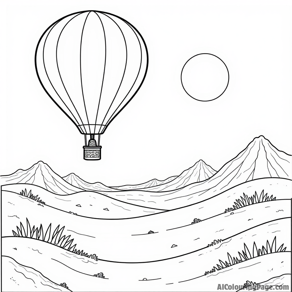 A vibrant desert landscape featuring a hot air balloon floating over sand dunes with a sun setting in the background, inviting children to imagine their own adventures in the sky.