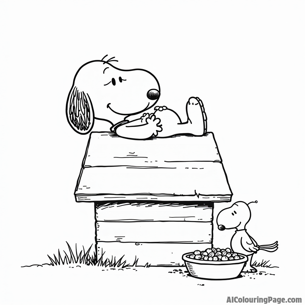 Snoopy lounging on his doghouse with a bowl of dog food and a bird sitting nearby for children to color