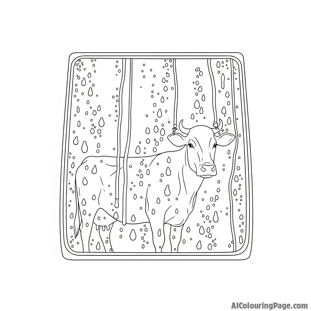 The silhouette of a cow seen through a window pane streaked with heavy raindrops.