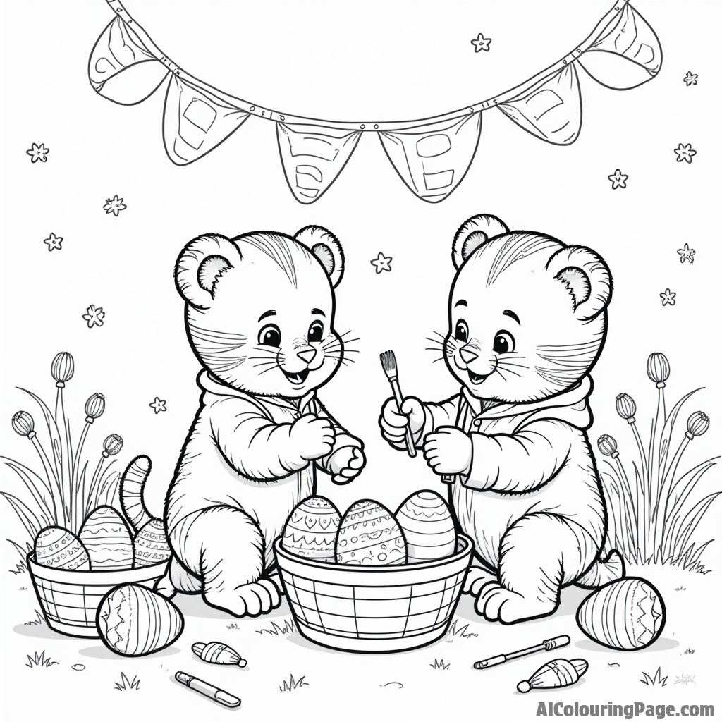 Daniel Tiger painting Easter eggs with his friends, surrounded by baskets, paints, and colorful decorations creating a festive atmosphere.