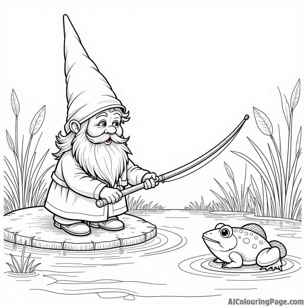 A gnome fishing in a tranquil pond with a playful frog and a shimmering fish jumping out of the water.