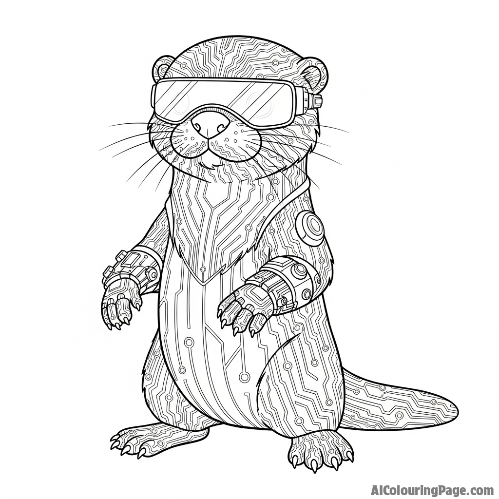 A cyberpunk otter with glowing neon circuit patterns on its fur.