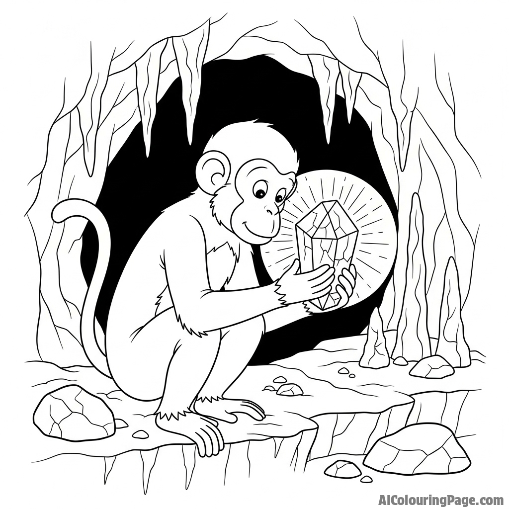 A monkey carefully examining a mysterious, glowing crystal in a dark cave.