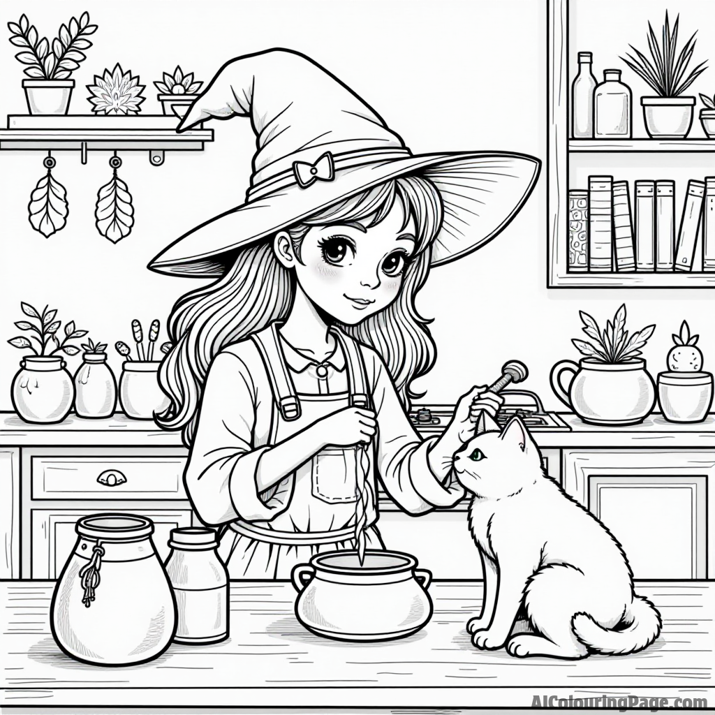 A young witch making potions in a cozy kitchen filled with herbs, books, and a playful cat.