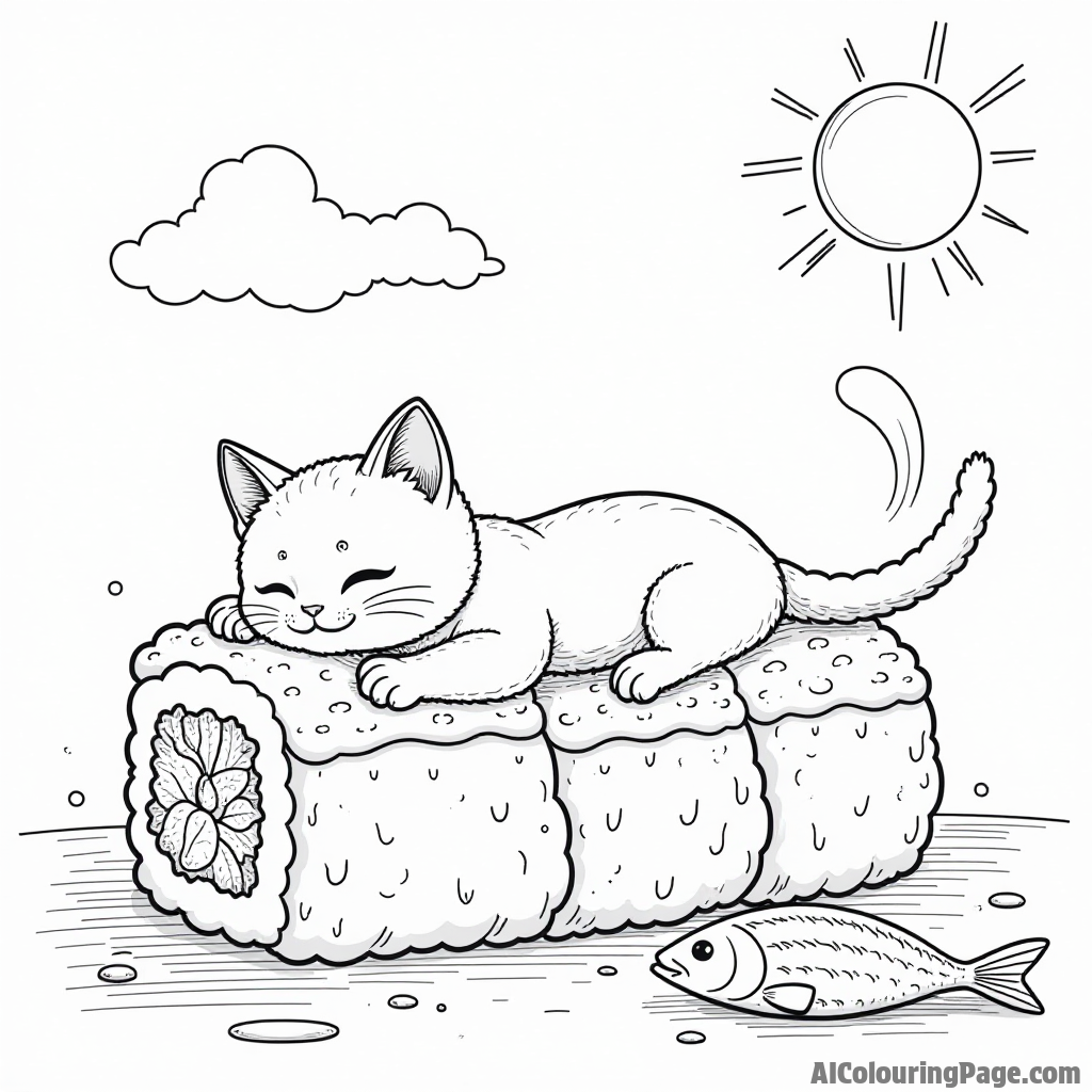 A cute sushi cat lounging on a giant sushi roll, playing with fish-shaped toys, and smiling under the sun.