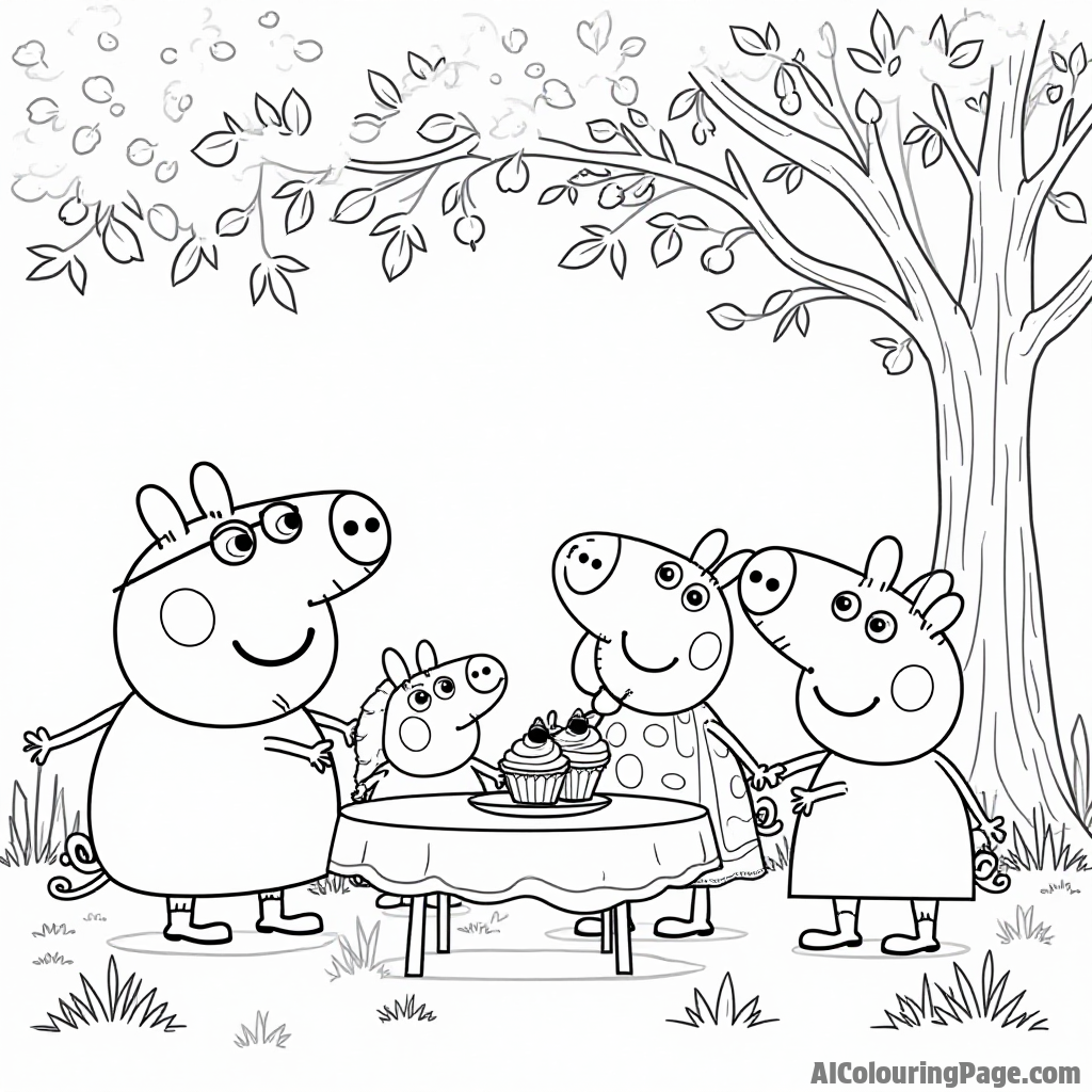 Peppa Pig and her friends having a tea party with cupcakes and lemonade under a big tree in the backyard.