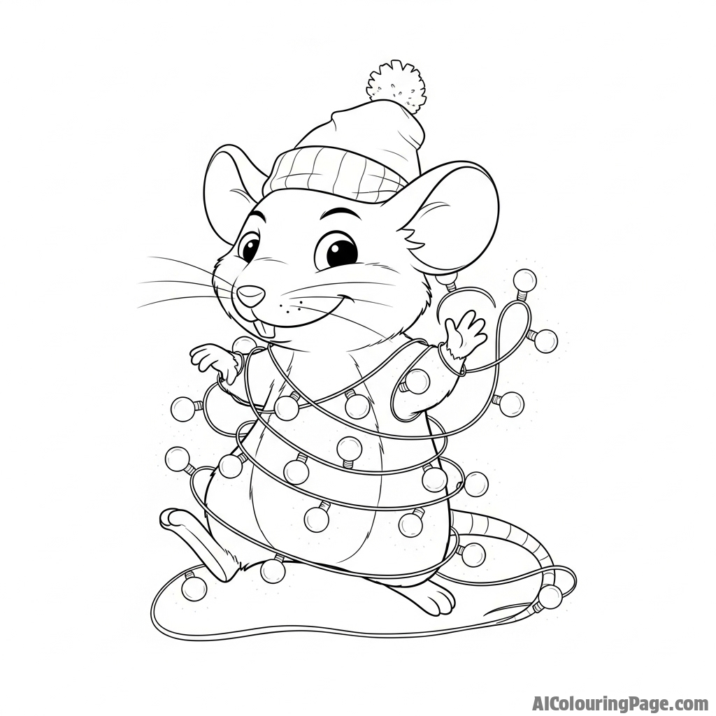 A mischievous mouse tangled in a string of softly glowing lights.