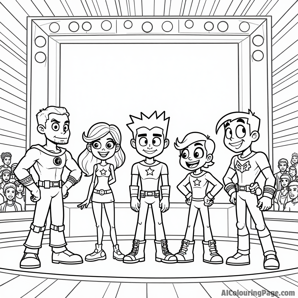 Teen Titans competing in a talent show, each showcasing their unique skills, with a colorful stage backdrop and cheering crowd.