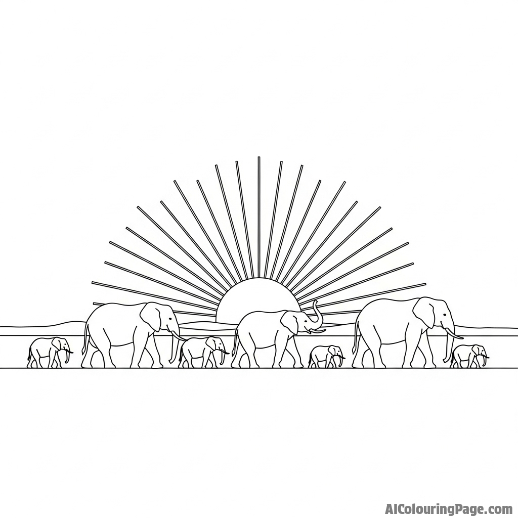 A herd of elephants silhouetted against a brilliant sunrise.