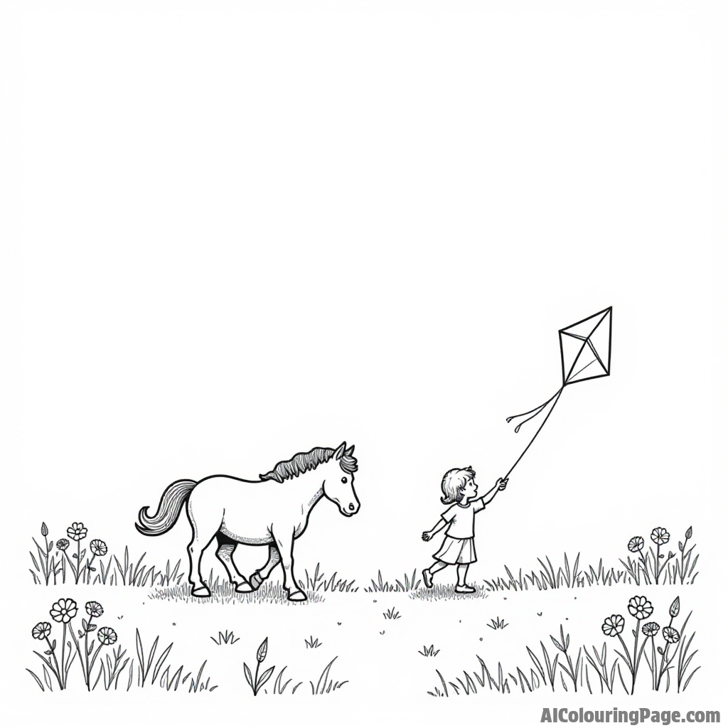 A pony and a child flying a kite in a wide-open field surrounded by tall grass and colorful wildflowers.