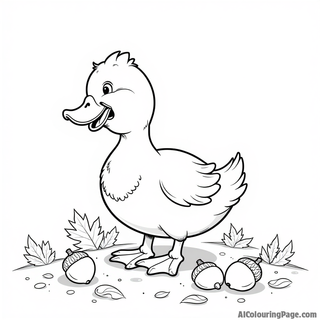 A duck playing in a pile of autumn leaves with acorns scattered around and a cheerful expression.