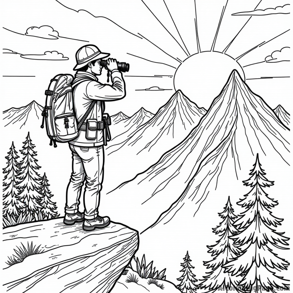 A mountain explorer standing on a rock ledge, binoculars in hand, with a breathtaking view of other peaks and a vibrant sunrise to inspire imaginative coloring moments.