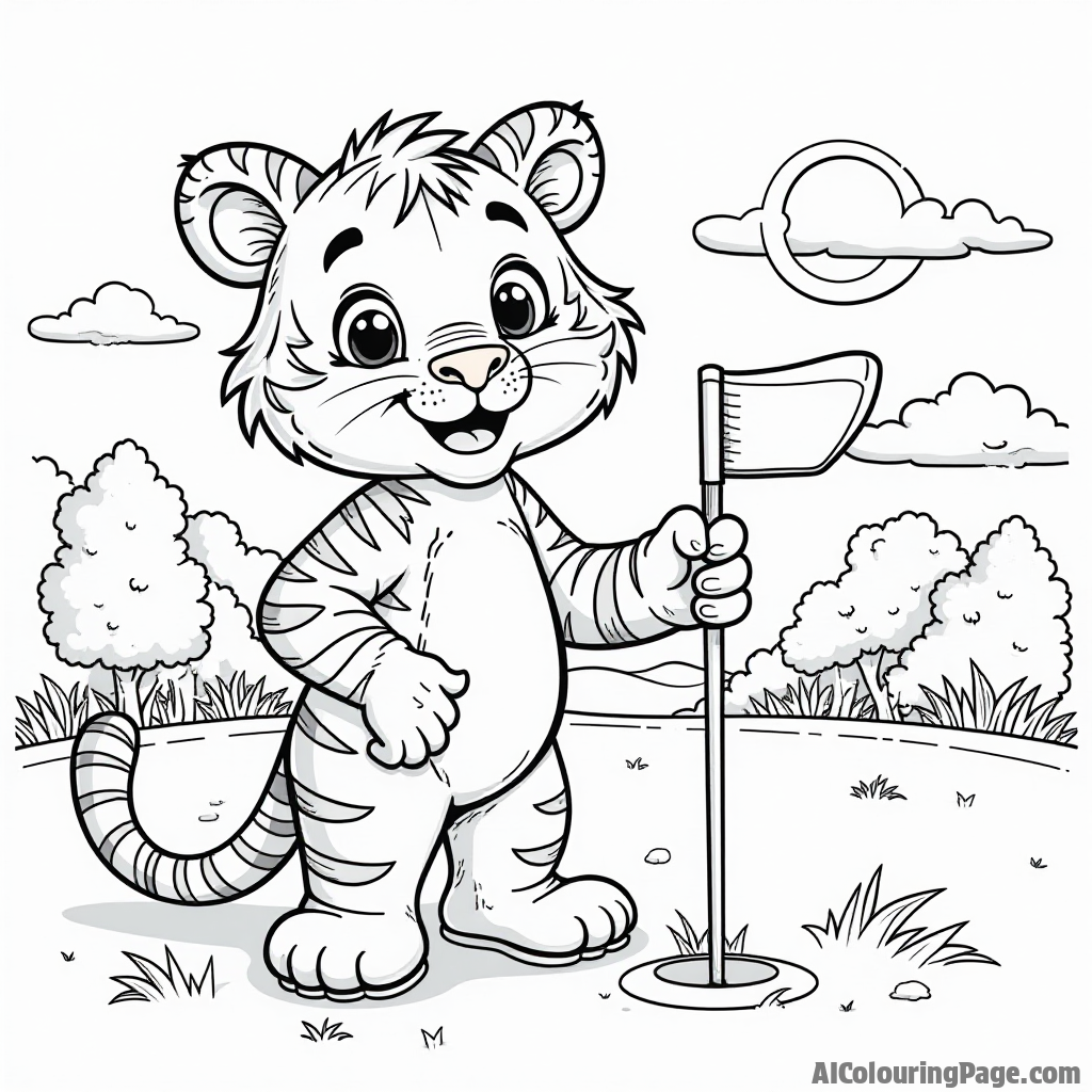 A funny cartoon tiger holding a golf club, standing next to a giant golf tee, with a beautiful sunset in the background for children to color creatively.