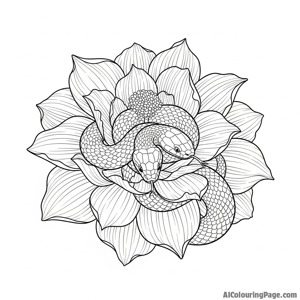 A snake hiding within the layered petals of a large, exotic flower.