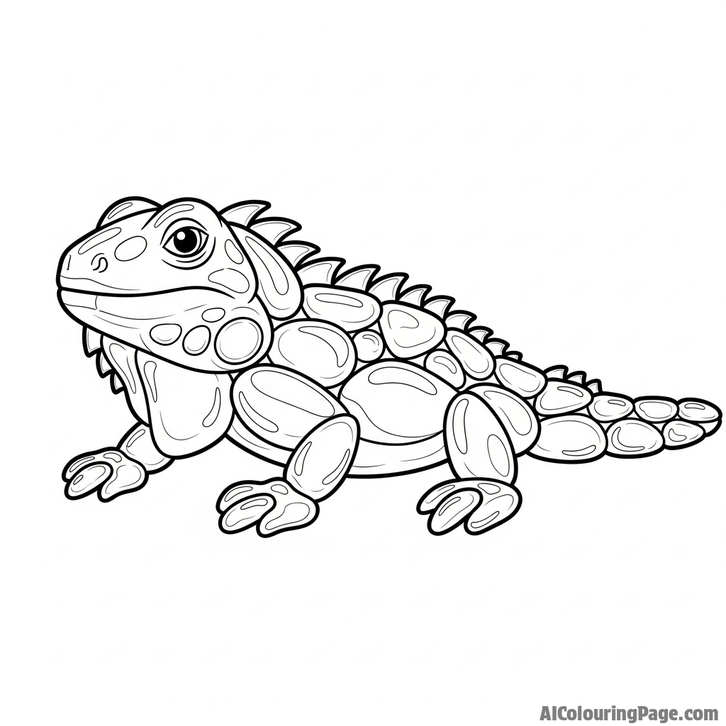 An iguana made entirely of polished, smooth river stones.