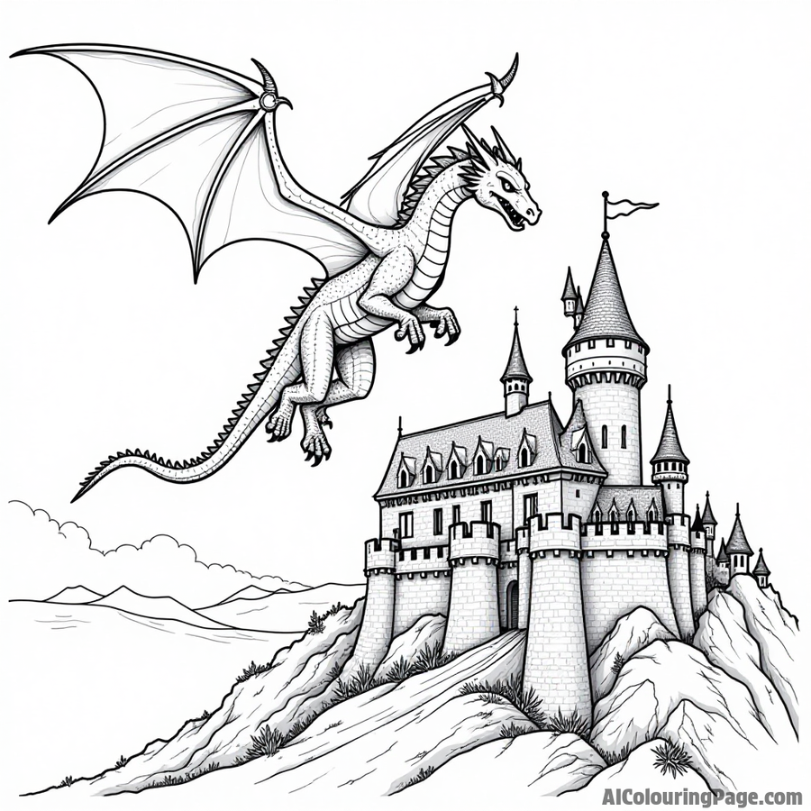 Dragon flying over a medieval castle