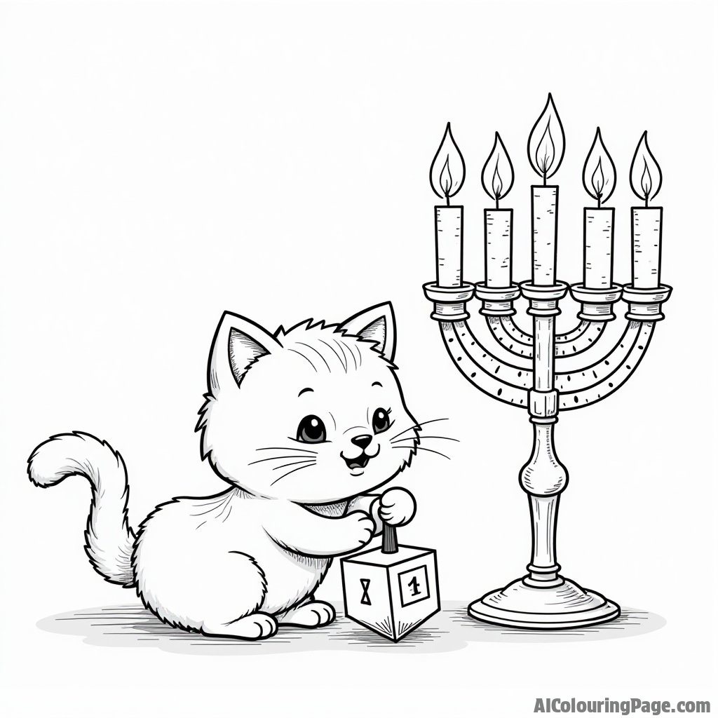 A cute cat playing with a dreidel, while a menorah stands proudly beside it, creating a whimsical and fun Hanukkah scene for children to color and enjoy.