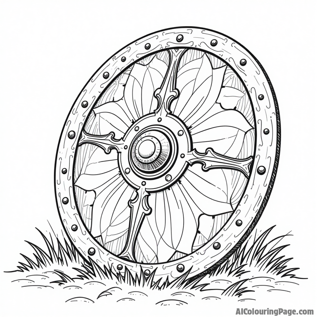 A Viking shield adorned with intricate patterns, resting on a grassy field, accompanied by a sword and helmet, providing a fun coloring challenge that highlights history.