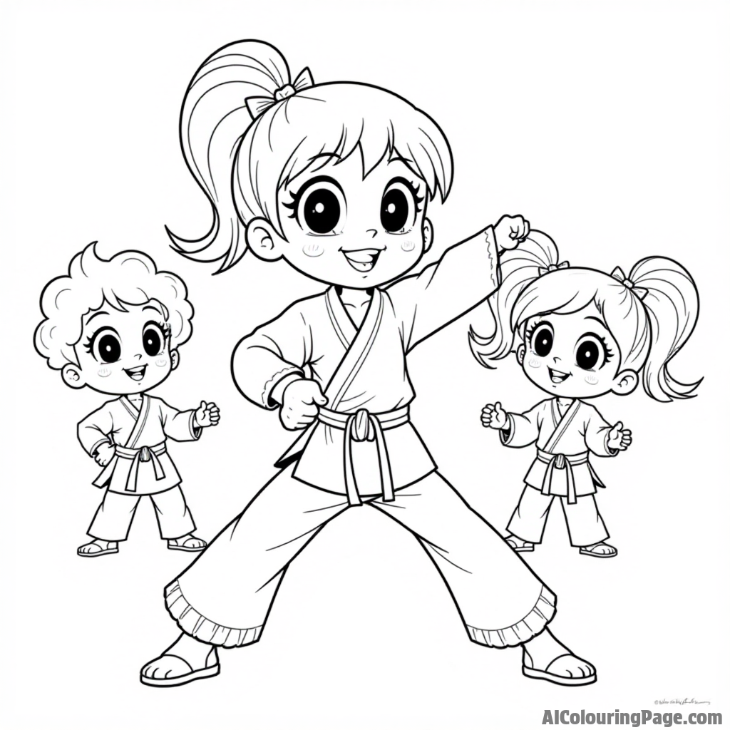 Buttercup showcasing her karate moves, while Blossom and Bubbles cheer her on, surrounded by trophies and martial arts gear