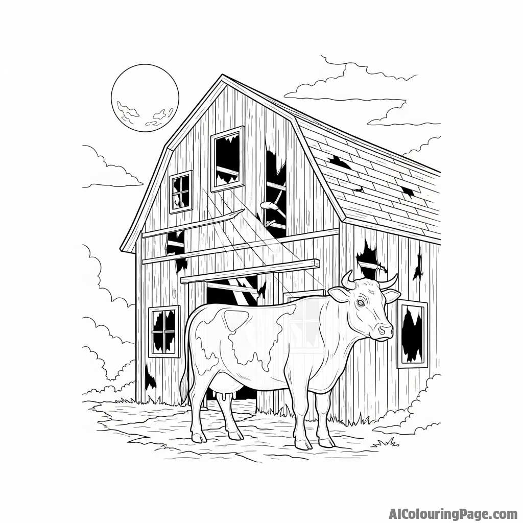 A spectral, translucent cow haunting an abandoned, moonlit barn.