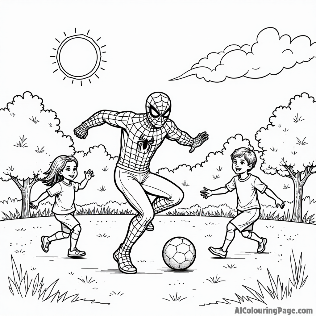 Spiderman playing soccer with children in a park, a bright sun overhead, a soccer ball flying through the air