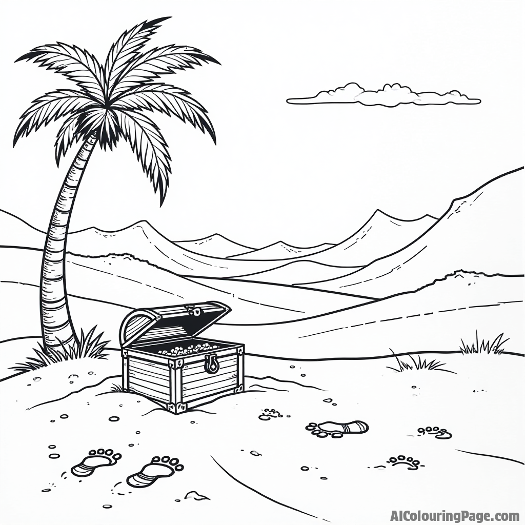 A desert scene featuring a treasure chest half-buried in sand, surrounded by palm trees and footprints, inviting young artists to color their own adventure in the vast desert.