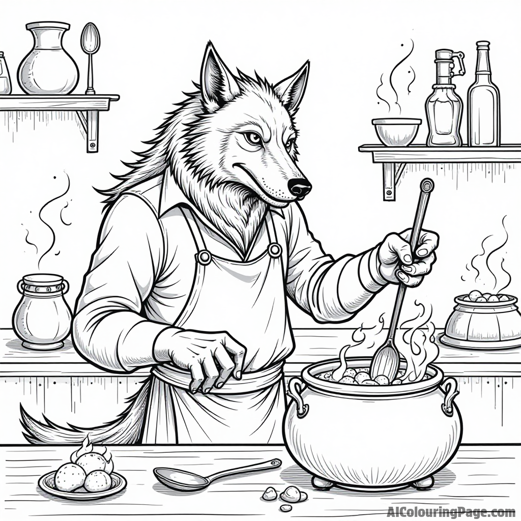 A werewolf chef cooking in a magical kitchen with floating utensils and a cauldron bubbling with colorful potions.