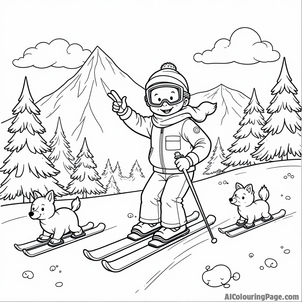 A cartoonish mountain landscape with a ski patroller waving, surrounded by playful animals skiing and sliding, creating a lively winter sports scene perfect for a children's coloring book.