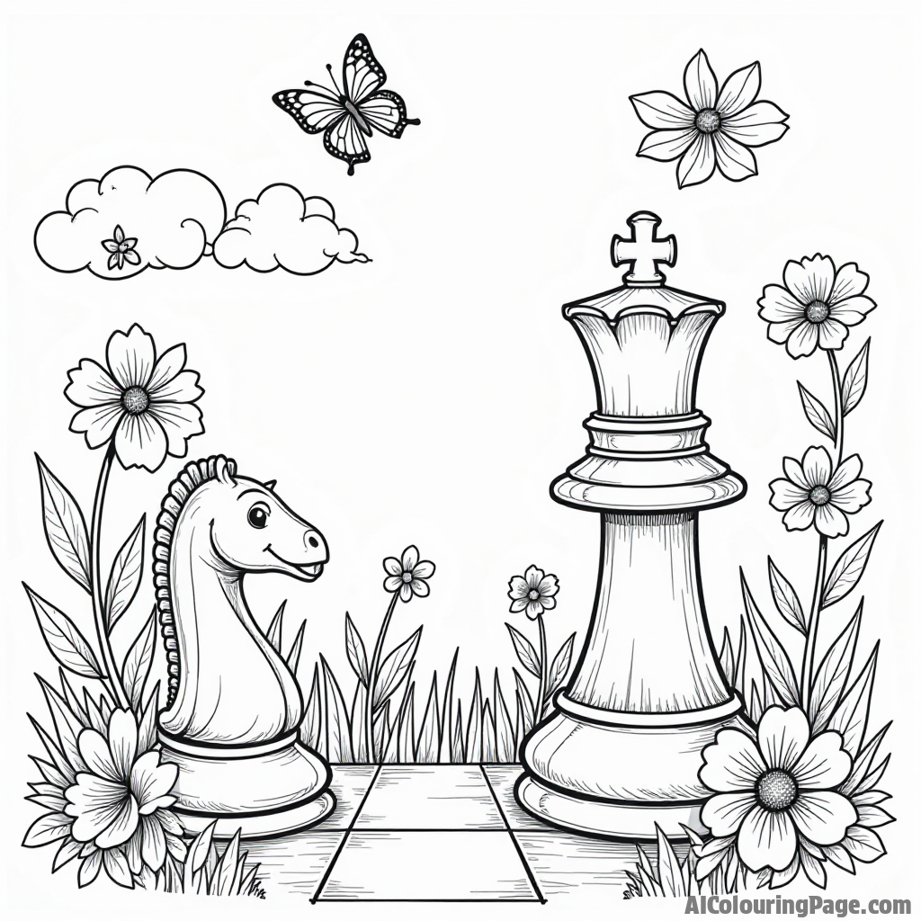 A magical chess garden with oversized chess pieces blooming like flowers, featuring a cheerful pawn butterfly fluttering around, providing a whimsical coloring experience filled with fun elements.