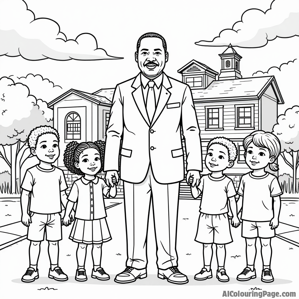 A depiction of Martin Luther King Jr. holding hands with children of different backgrounds, standing in front of a school, promoting equality and friendship, ready for colorful interpretations.