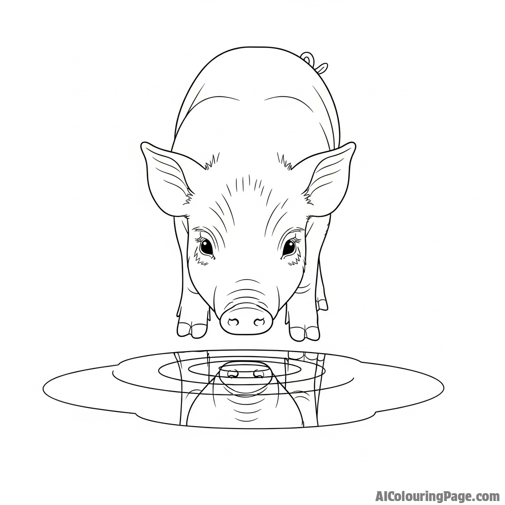 A piglet discovering its reflection in a clear puddle for the first time.