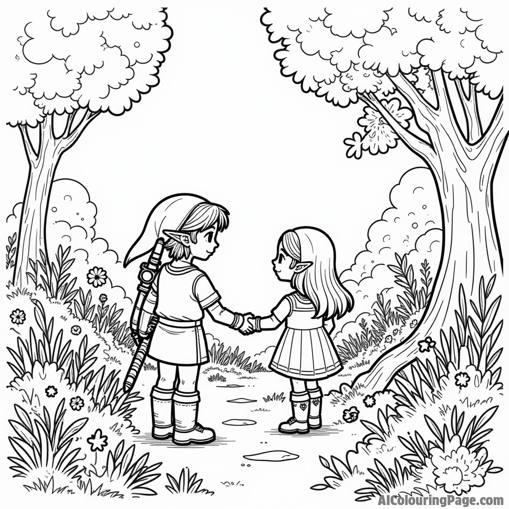 A magical garden filled with talking plants, flowers, and tiny creatures, with Link and Zelda exploring the enchanting surroundings