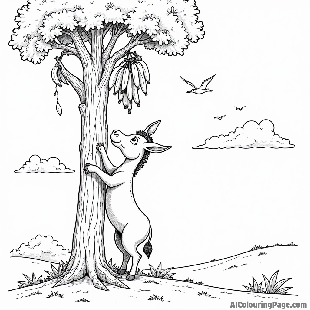 A donkey climbing a tall tree, reaching for a bunch of bananas, with birds flying around and clouds in the sky